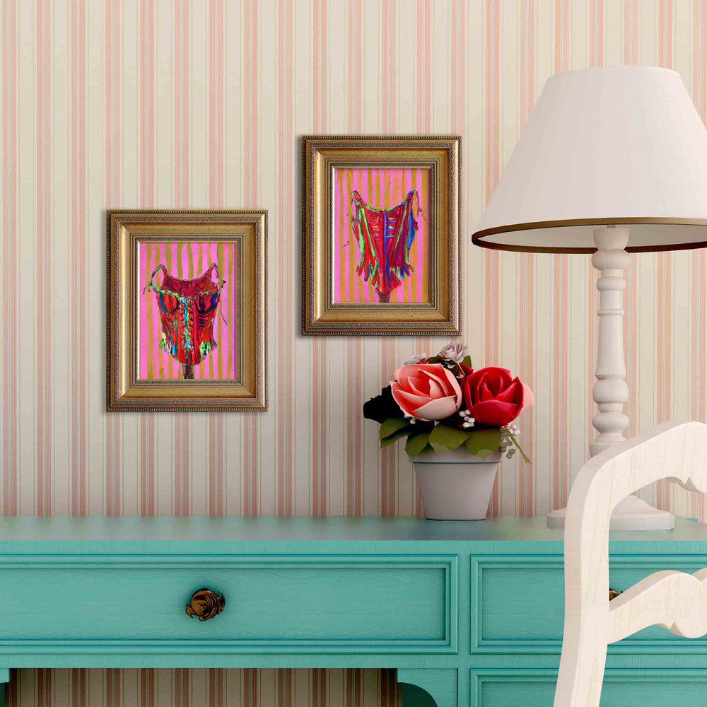 
                  
                    Load image into Gallery viewer, Whimsical greeting card, based on 18th century corset, is framed and used as decor above a turquoise desk, accessories not included.
                  
                