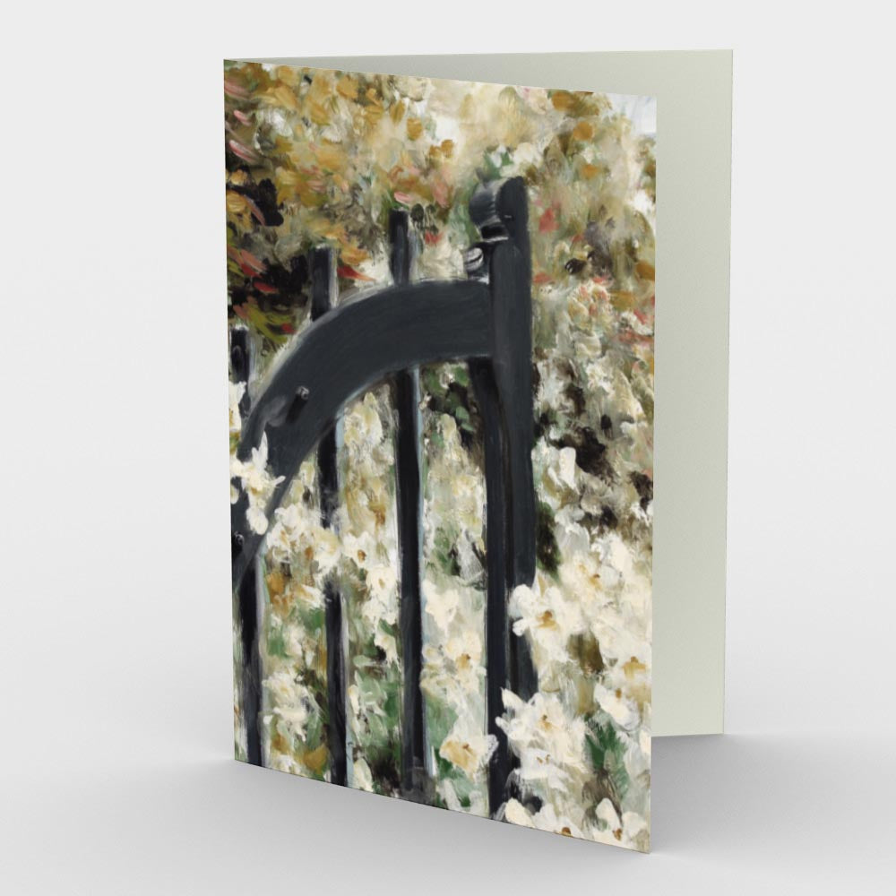 Gate entering into a luscious English garden with profusion of flowers against a leafy background. Card front featured, blank interior. .