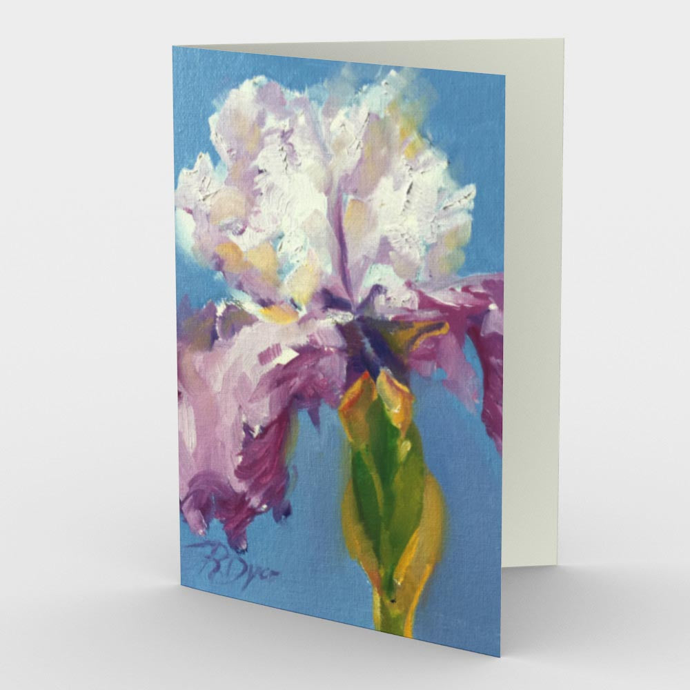 Little Iris Greeting Card features a freshly hued single white & purple iris with green stem and is juxtaposed against a vivid blue ground.  Card front, 7