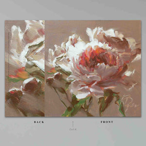
                  
                    Load image into Gallery viewer, Petite Pivoine, Little Peony art card, features an exquisite bloom and charming buds that live inside an elegant and chocolaty environment.  Shot with a fiery red centre, rosy and dramatic neutrals describe the layers of this beautiful peony, offering a greeting only for the most sophisticated and discerning tastes.  Card entire front &amp;amp; back featured 
                  
                