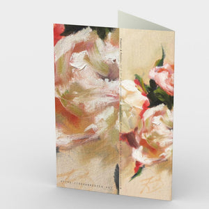 
                  
                    Load image into Gallery viewer, Poppies and Peonies Greeting Card presents an elegant and dreamy floral bouquet of pastel pinks, coral, cream and yellow with leafy accents that rests against a light peach background.   7&amp;quot; x 5”, back view
                  
                