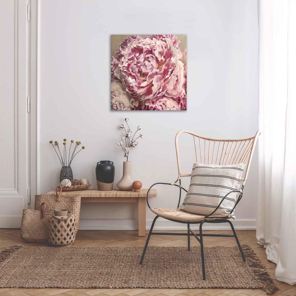 Elegant Peonies painting, 24" x 24", oil on canvas by Roxanne Dyer. Elegantly pigmented shades contrast soft but dramatic lights, greyed magentas, touches of saffron yellow on a neutral ground. Boomy and sophisticated floral artwork, for sale.