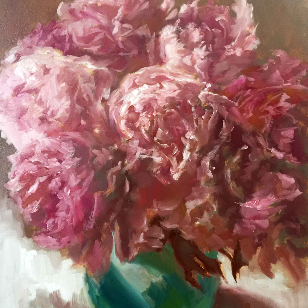 Peonies in Green Vase floral painting by Roxanne Dyer, oil on canvas,  30″ x 24″,  deep pink peonies sit in a green vase with elegant neutrals and dramatic white and creamy accents.  For sale.