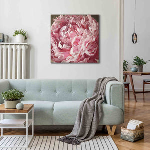 
                  
                    Load image into Gallery viewer, Single Peony 2 painting, oil on canvas, 24″ x 24″, room view, artwork by Roxanne Dyer. Pink single peony, cool white tints, neutral background.  Very PINK painting! For Sale.
                  
                