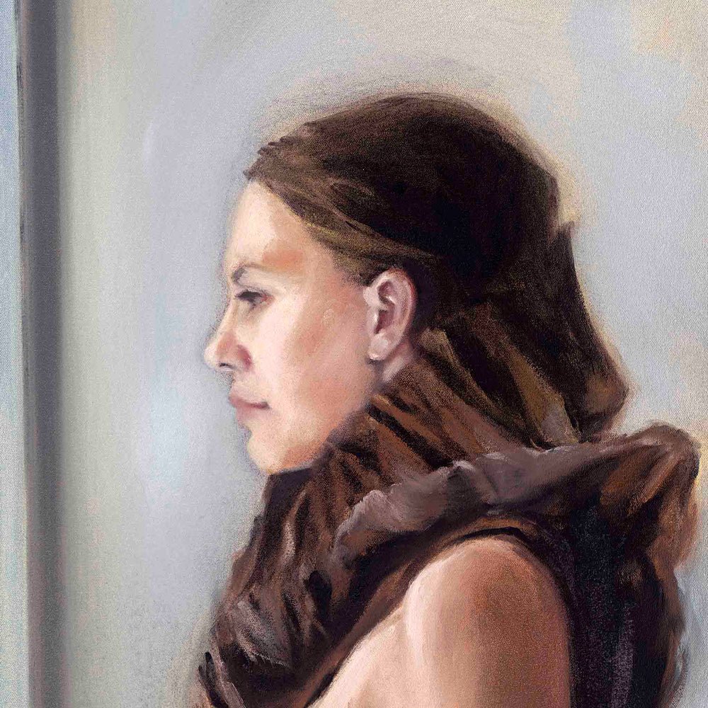 Head and shoulders profile, oil painting detail, of a beautiful young woman by visual artist Roxanne Dyer