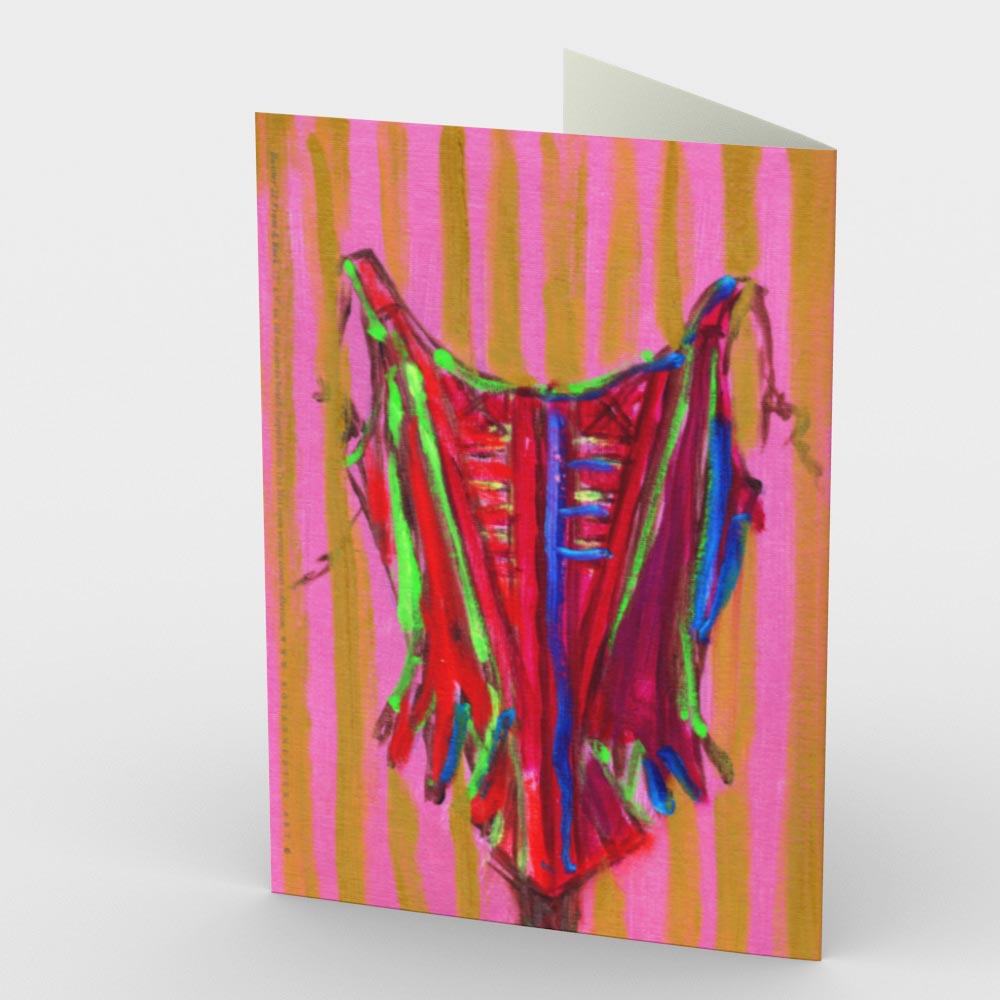 
                  
                    Load image into Gallery viewer, BUSTIER! Greeting Card is brightly coloured and whimsical with red, pink, blue, lime, yellow, based on 18th century corset, back view, 7&amp;quot; x 5&amp;quot;, with blank interior shown
                  
                