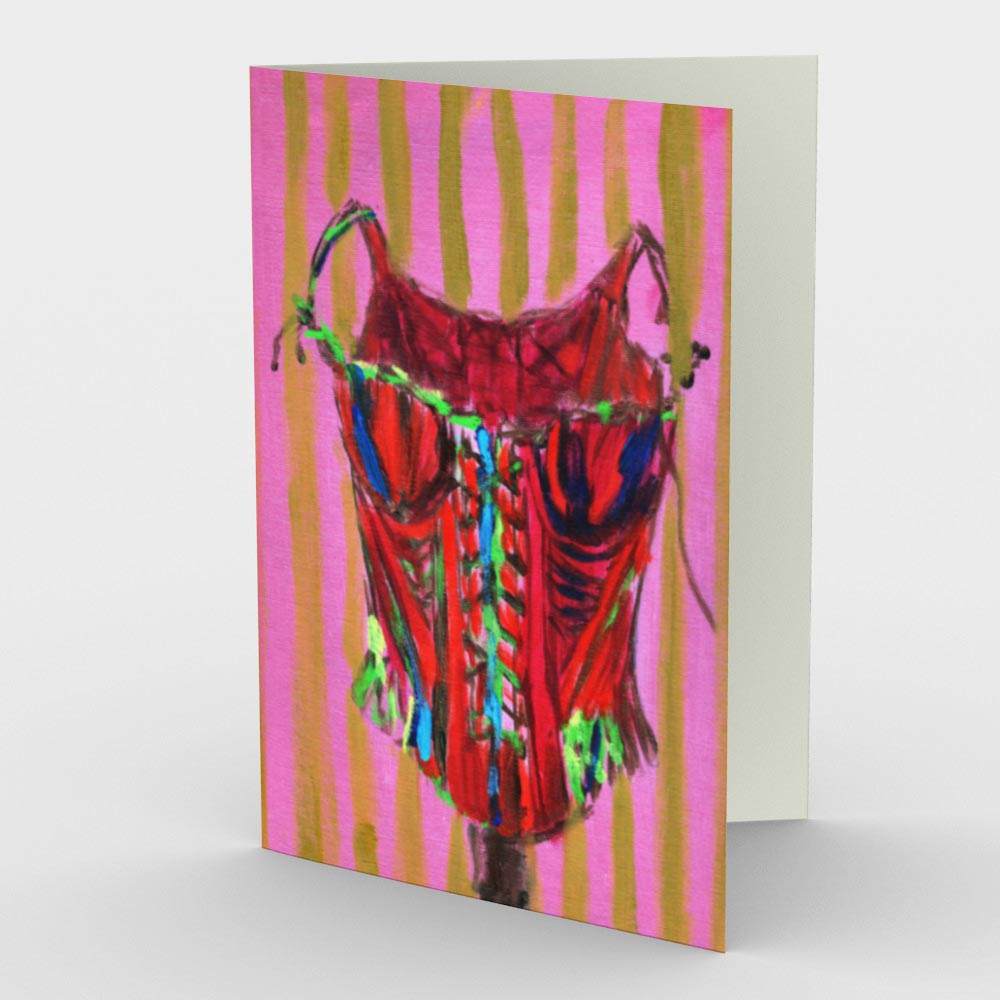 
                  
                    Load image into Gallery viewer, BUSTIER! Greeting Card is brightly coloured and whimsical with red, pink, blue, lime, yellow, based on 18th century corset, front view, 7&amp;quot; x 5&amp;quot;, with blank interior shown 
                  
                