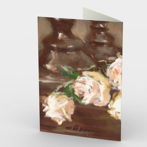 
                  
                    Load image into Gallery viewer, Bouquet of Roses Greeting Card features a bouquet of classic peachy tinted roses clustered with a single red bloom resting near a pair of candlesticks.  Card back, 7&amp;quot;x5&amp;quot; 
                  
                