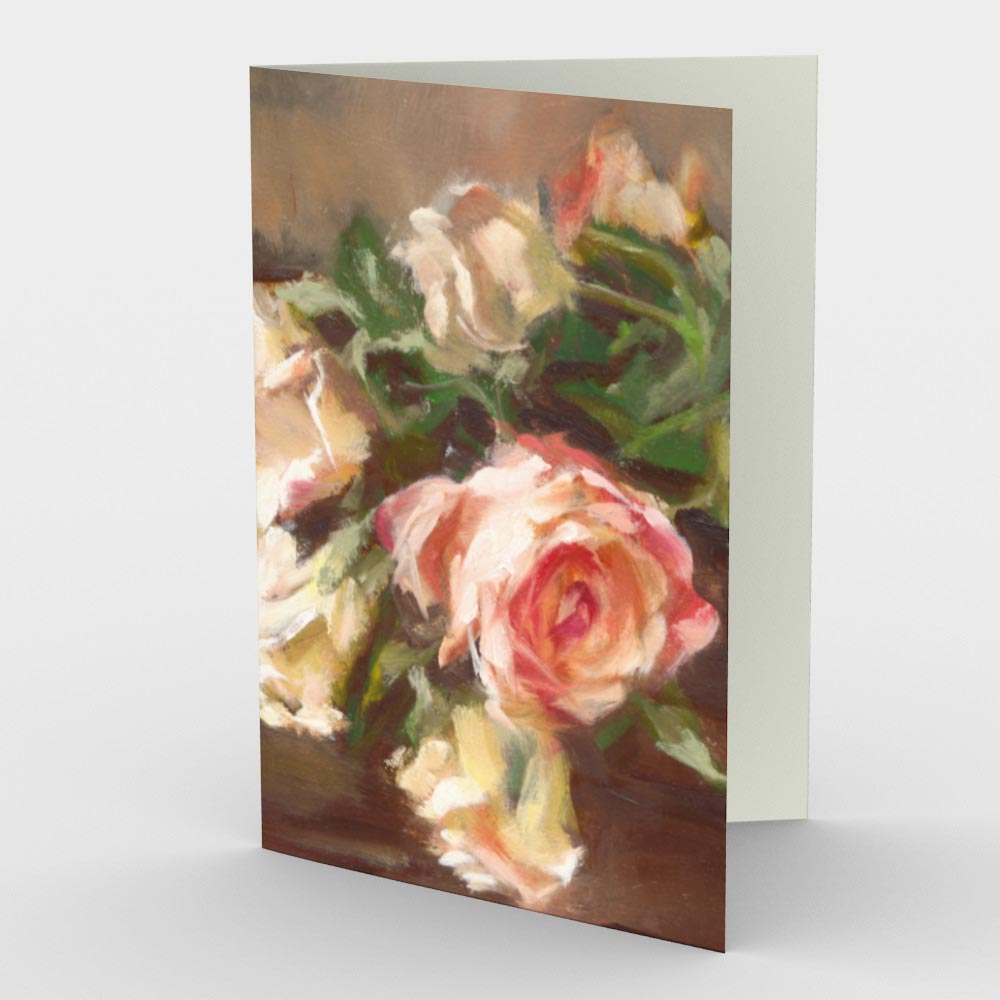
                  
                    Load image into Gallery viewer, Bouquet of Roses Greeting Card features a bouquet of classic peachy tinted roses clustered with a single red bloom resting near a pair of candlesticks.  Card front, 7&amp;quot;x5&amp;quot; , blank inside
                  
                