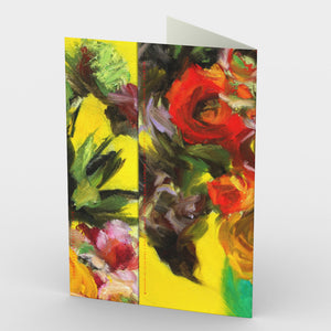 
                  
                    Load image into Gallery viewer, Bouquet on Yellow Ground Greeting Card is created by artist Roxanne Dyer and based on her original oil painting, Bouquet on Yellow Ground.  Dramatically coloured, red, yellow, pink and orange and plummy flowers with dark leafy shapes in a vibrant green vase are silhouetted against a brilliant yellow ground. Each lovely card is perfect to send a letter, invitation or greetings for many occasions. 7&amp;quot; x 5&amp;quot; back view. 
                  
                