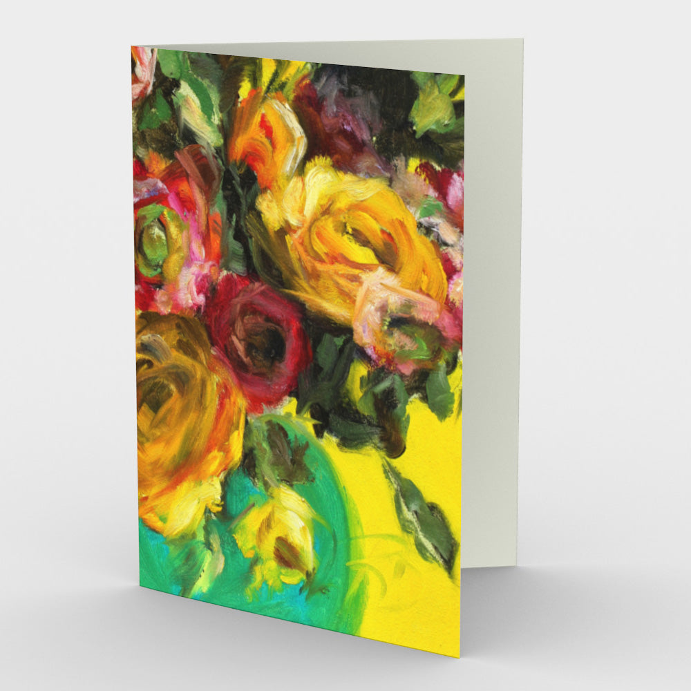 Bouquet on Yellow Ground Greeting Card is created by artist Roxanne Dyer and based on her original oil painting, Bouquet on Yellow Ground.  Dramatically coloured, red, yellow, pink and orange and plummy flowers with dark leafy shapes in a vibrant green vase are silhouetted against a brilliant yellow ground. Each lovely card is perfect to send a letter, invitation or greetings for many occasions. 7