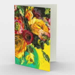 
                  
                    Charger l&amp;#39;image dans la galerie, Bouquet on Yellow Ground Greeting Card is created by artist Roxanne Dyer and based on her original oil painting, Bouquet on Yellow Ground.  Dramatically coloured, red, yellow, pink and orange and plummy flowers with dark leafy shapes in a vibrant green vase are silhouetted against a brilliant yellow ground. Each lovely card is perfect to send a letter, invitation or greetings for many occasions. 7&amp;quot; x 5&amp;quot; card front
                  
                