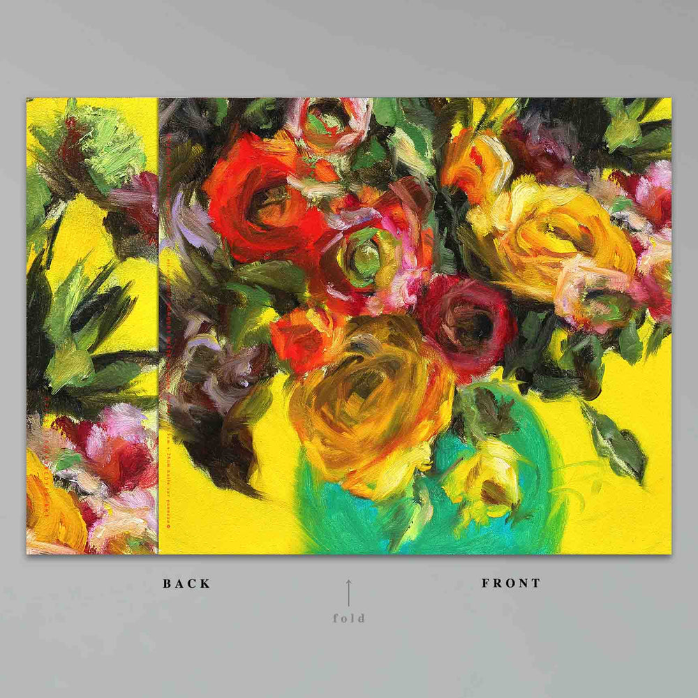 
                  
                    Load image into Gallery viewer, Bouquet on Yellow Ground Greeting Card is created by artist Roxanne Dyer and based on her original oil painting, Bouquet on Yellow Ground.  Dramatically coloured, red, yellow, pink and orange and plummy flowers with dark leafy shapes in a vibrant green vase are silhouetted against a brilliant yellow ground. Each lovely card is perfect to send a letter, invitation or greetings for many occasions. full card back to front 7&amp;quot; x 10&amp;quot; presented against a grey ground.
                  
                