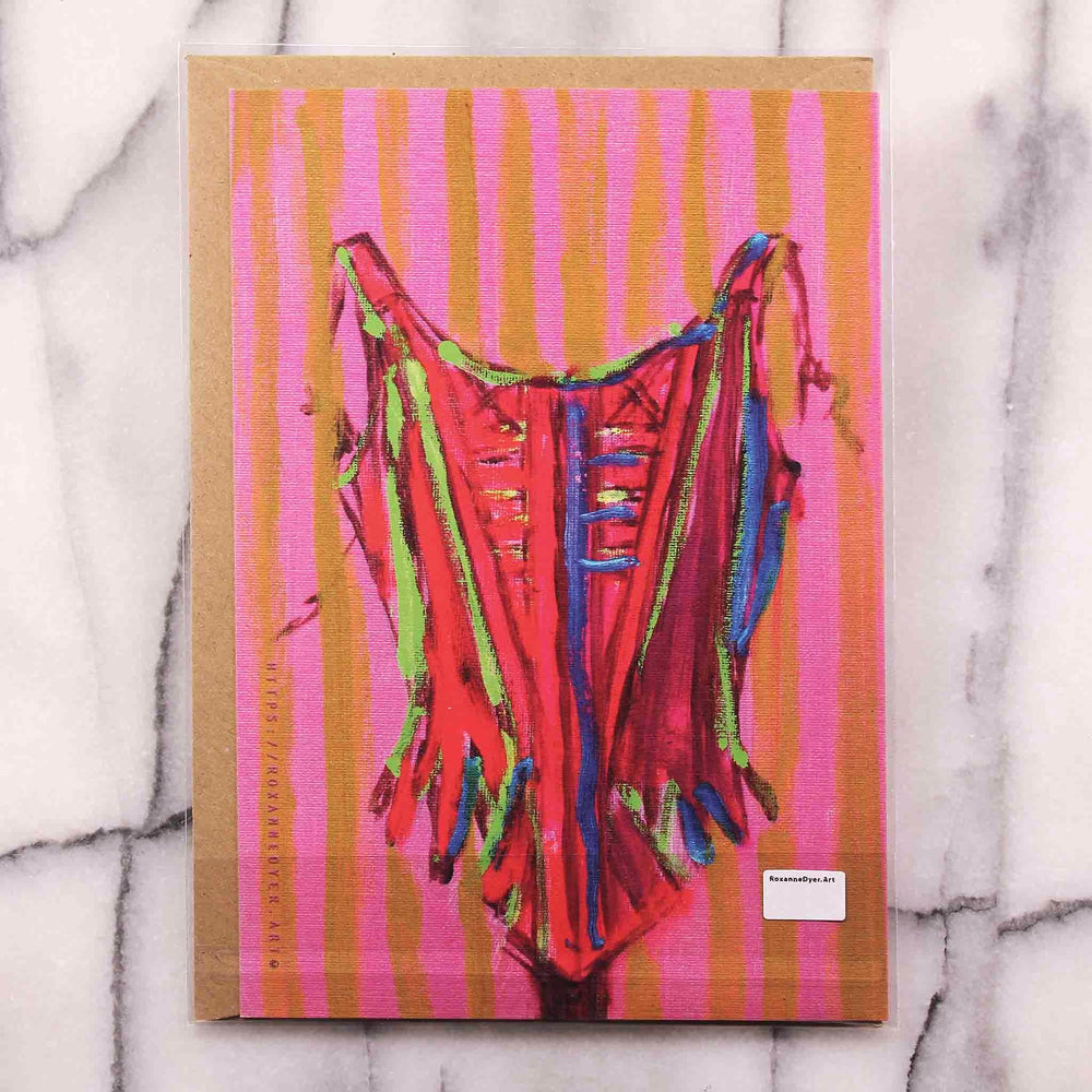 
                  
                    Load image into Gallery viewer, BUSTIER! Greeting Card is brightly coloured and whimsical with red, pink, blue, lime, yellow,  based on 18th century corset, back with Kraft envelope in a protective plastic sleeve
                  
                