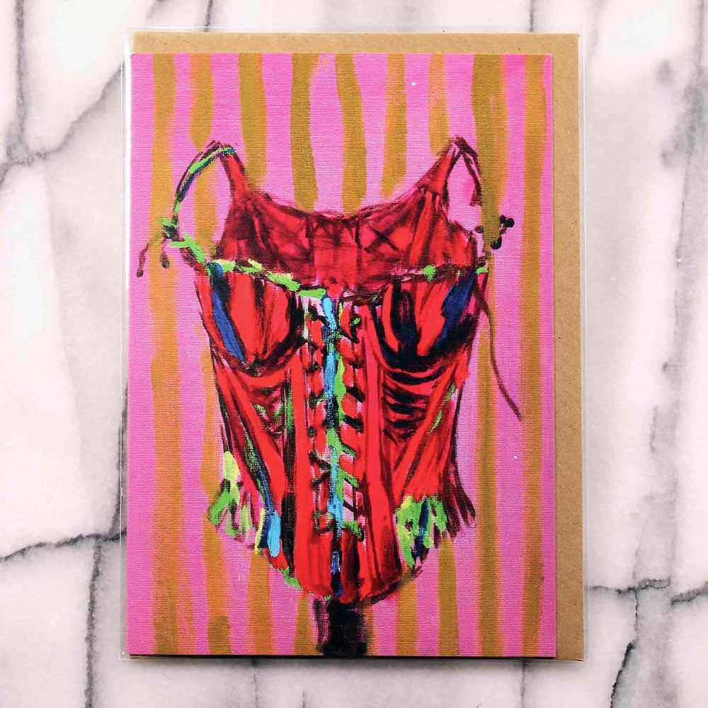 
                  
                    Load image into Gallery viewer, BUSTIER! Greeting Card is brightly coloured and whimsical with red, pink, blue, lime, yellow, based on 18th century corset, front with Kraft envelope in a protective plastic sleeve
                  
                