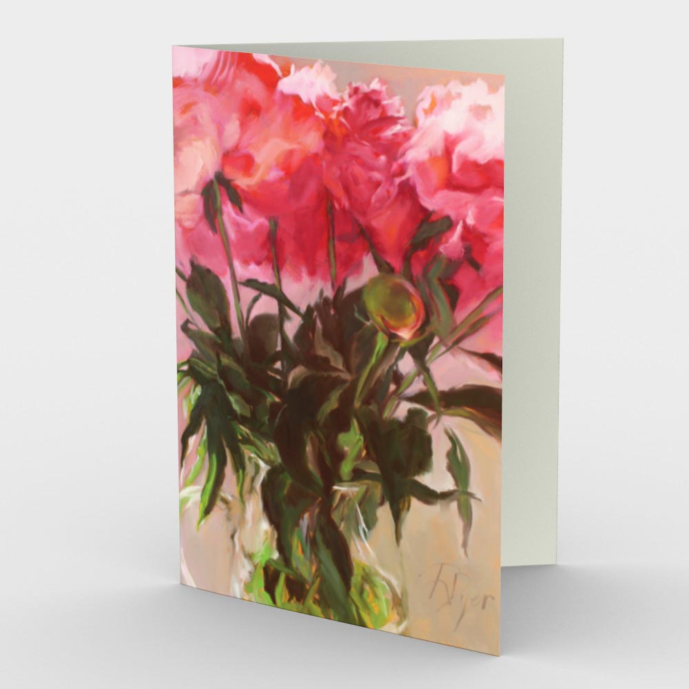 Canopy of Peonies Classic Greeting Card, created by artist Roxanne Dyer, glorious pink-ish red peonies with deep green foliage, gathered into a glass pitcher.  Sanguine and peachy blooms wash the background a rosy pink neutral in this magical image. Front view, 7