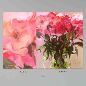
                  
                    Load image into Gallery viewer, Canopy of Peonies Classic Greeting Card, created by artist Roxanne Dyer, glorious pink-ish red peonies with deep green foliage, gathered into a glass pitcher.  Sanguine and peachy blooms wash the background a rosy pink neutral in this magical image.  Full card back to front shown against a grey ground.
                  
                