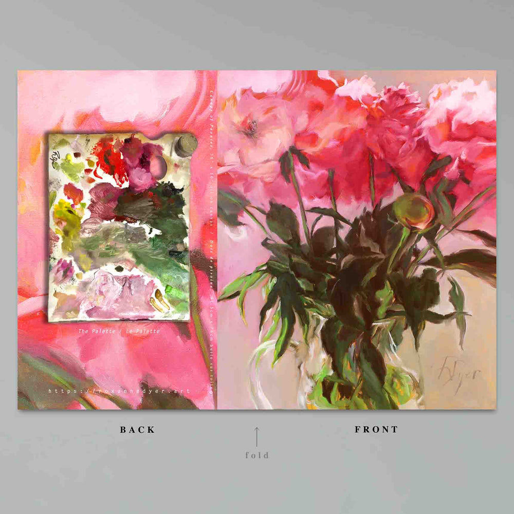 
                  
                    Load image into Gallery viewer, Canopy of Peonies Palette Greeting Card is created by artist Roxanne Dyer, hot pinkish red peonies with deep green leafy stems are gathered into an elegant glass pitcher, sanguine and peachy blooms wash the background a rosy pink neutral in this magical image, detail of the artist’s palette used to create the original oil painting is featured on the back of this art card. Card full back &amp;amp; front 7” x 10”, shown against a grey ground.
                  
                