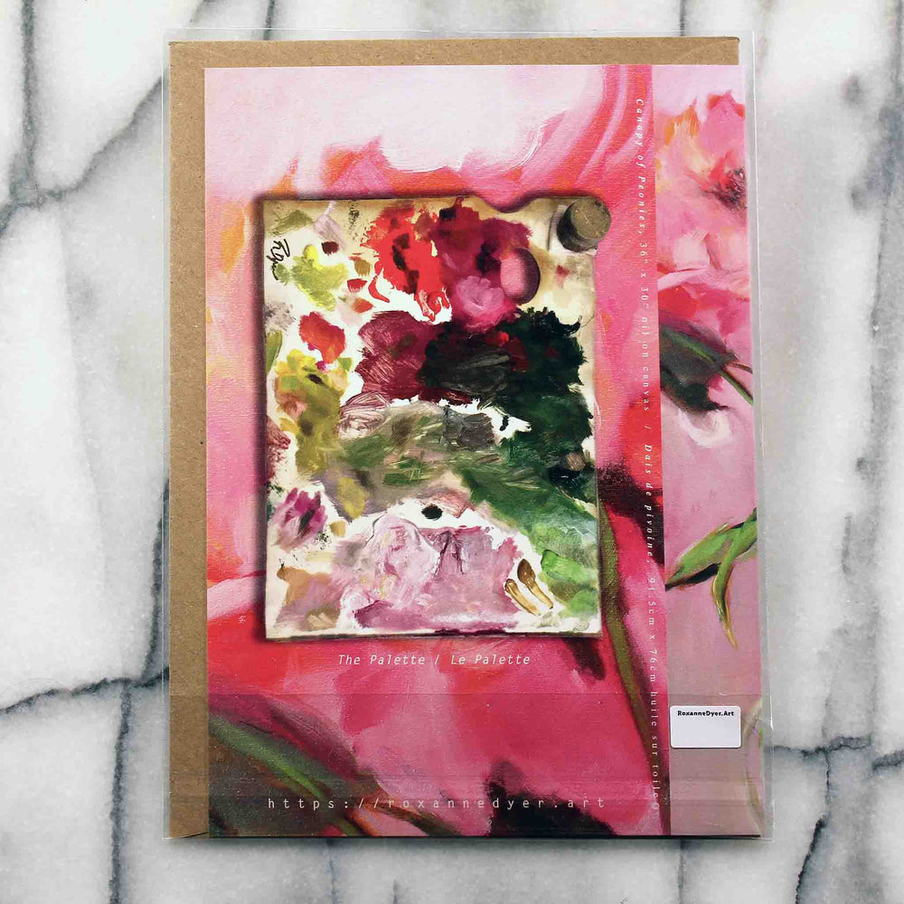 
                  
                    Load image into Gallery viewer, Canopy of Peonies Palette Greeting Card is created by artist Roxanne Dyer, hot pinkish red peonies with deep green leafy stems are gathered into an elegant glass pitcher, sanguine and peachy blooms wash the background a rosy pink neutral in this magical image, detail of the artist’s palette used to create the original oil painting is featured on the back of this art card. Card back 7” x 5” with Kraft envelope in a protective plastic sleeve
                  
                