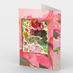 Canopy of Peonies Palette Greeting Card is created by artist Roxanne Dyer, hot pinkish red peonies with deep green leafy stems are gathered into an elegant glass pitcher, sanguine and peachy blooms wash the background a rosy pink neutral in this magical image, detail of the artist’s palette used to create the original oil painting is featured on the back of this art card. Card back 7” x 5”.