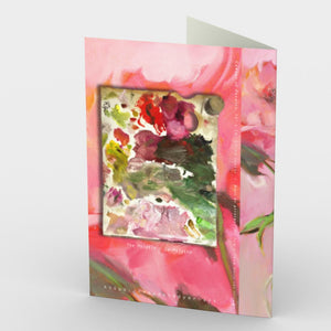 
                  
                    Load image into Gallery viewer, Canopy of Peonies Palette Greeting Card is created by artist Roxanne Dyer, hot pinkish red peonies with deep green leafy stems are gathered into an elegant glass pitcher, sanguine and peachy blooms wash the background a rosy pink neutral in this magical image, detail of the artist’s palette used to create the original oil painting is featured on the back of this art card. Card back 7” x 5”.
                  
                