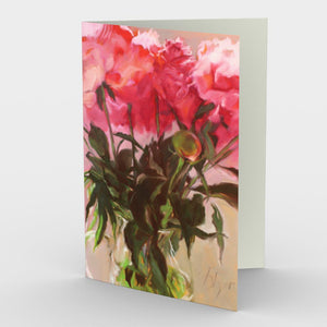 
                  
                    Load image into Gallery viewer, Canopy of Peonies Palette Greeting Card is created by artist Roxanne Dyer, hot pinkish red peonies with deep green leafy stems are gathered into an elegant glass pitcher, sanguine and peachy blooms wash the background a rosy pink neutral in this magical image, detail of the artist’s palette used to create the original oil painting is featured on the back of this art card. Card front 7” x 5”, blank interior.
                  
                