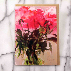 
                  
                    Load image into Gallery viewer, Canopy of Peonies Palette Greeting Card is created by artist Roxanne Dyer, hot pinkish red peonies with deep green leafy stems are gathered into an elegant glass pitcher, sanguine and peachy blooms wash the background a rosy pink neutral in this magical image, detail of the artist’s palette used to create the original oil painting is featured on the back of this art card. Card front 7” x 5”, Kraft envelope in a protective plastic sleeve
                  
                