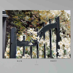 
                  
                    Load image into Gallery viewer, Gate entering into a luscious English garden with profusion of flowers against a leafy background. Front &amp;amp; Back shown on a grey ground
                  
                