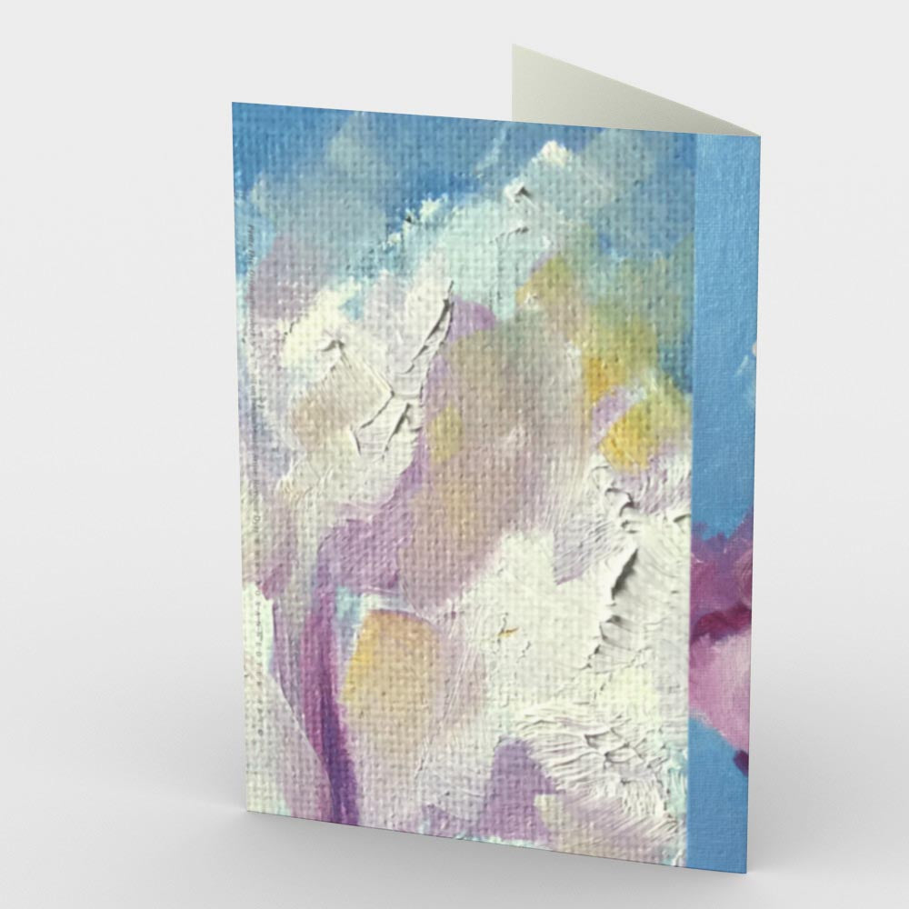 Little Iris Greeting Card features a freshly hued single white & purple iris with green stem and is juxtaposed against a vivid blue ground.  Card back, 7"x5" featured 