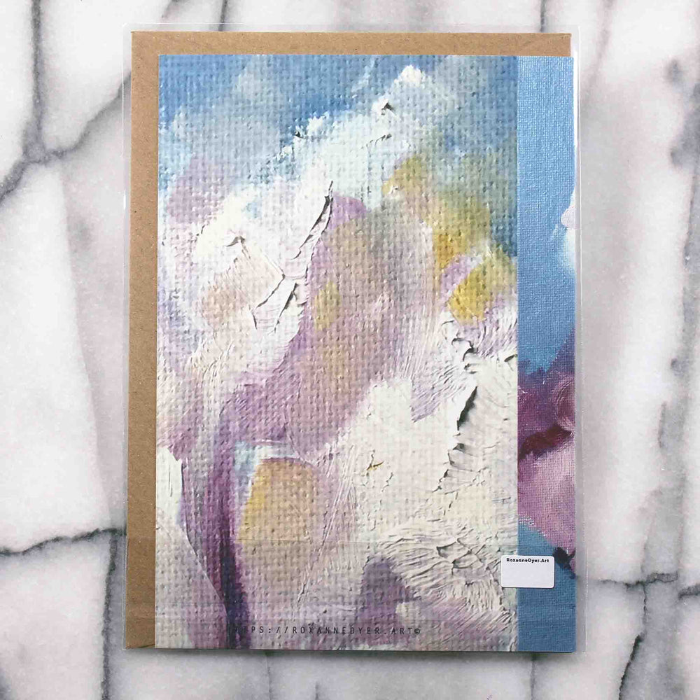 
                  
                    Load image into Gallery viewer, Little Iris Greeting Card features a freshly hued single white &amp;amp; purple iris with green stem and is juxtaposed against a vivid blue ground.  Card back, 7&amp;quot;x5&amp;quot; featured with Kraft envelope inside a protective plastic sleeve. 
                  
                