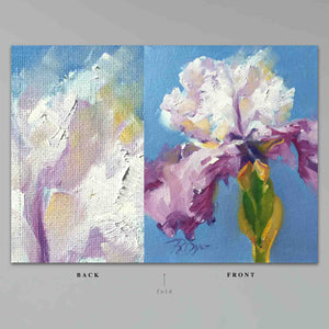 
                  
                    Load image into Gallery viewer, Little Iris Greeting Card features a freshly hued single white &amp;amp; purple iris with green stem and is juxtaposed against a vivid blue ground.  Card front and back, 7&amp;quot;x10&amp;quot; featured against a grey ground. 
                  
                