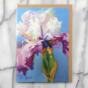 
                  
                    Charger l&amp;#39;image dans la galerie, Little Iris Greeting Card features a freshly hued single white &amp;amp; purple iris with green stem and is juxtaposed against a vivid blue ground.  Card front, 7&amp;quot;x5&amp;quot; featured with Kraft envelope inside a protective plastic sleeve. 
                  
                