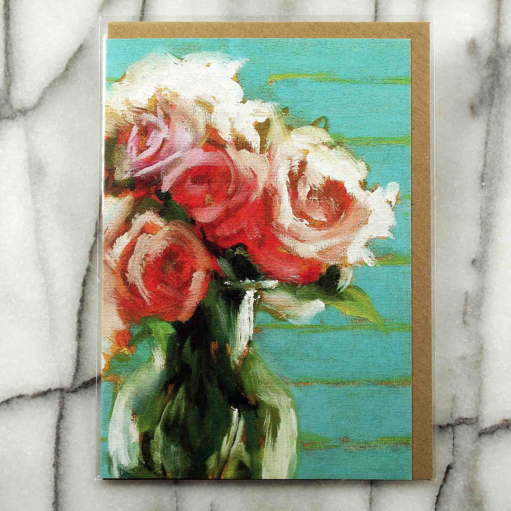 
                  
                    Charger l&amp;#39;image dans la galerie, Peonies and Roses Greeting Card features a luscious floral bouquet of red, pink and coral flowers accented by intense green foliage. The modern turquoise and lime background reflects in a glass vase, 7&amp;quot; x 5&amp;quot;.  Card front shown with envelope inside protective plastic sleeve.
                  
                