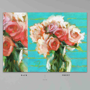 
                  
                    Load image into Gallery viewer, Peonies and Roses Greeting Card features a luscious floral bouquet of red, pink and coral flowers accented by intense green foliage. The modern turquoise and lime background reflects in a glass vase, 7&amp;quot; x 10&amp;quot;.  Full card shown on a grey ground
                  
                