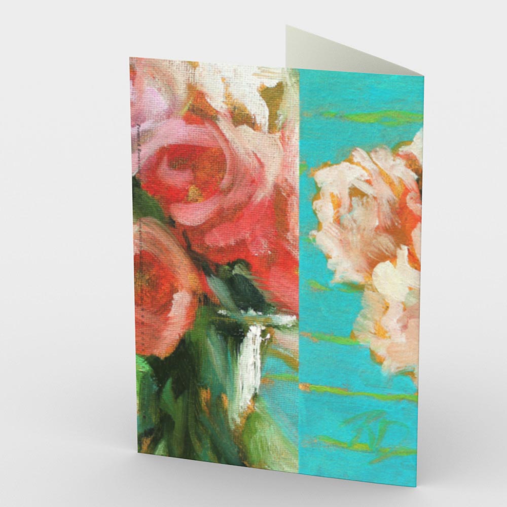 
                  
                    Load image into Gallery viewer, Peonies and Roses Greeting Card features a luscious floral bouquet of red, pink and coral flowers accented by intense green foliage. The modern turquoise and lime background reflects in a glass vase, 7&amp;quot; x 5&amp;quot;.  Card back shown.
                  
                