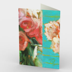 
                  
                    Load image into Gallery viewer, Peonies and Roses Greeting Card features a luscious floral bouquet of red, pink and coral flowers accented by intense green foliage. The modern turquoise and lime background reflects in a glass vase, 7&amp;quot; x 5&amp;quot;.  Card back shown.
                  
                
