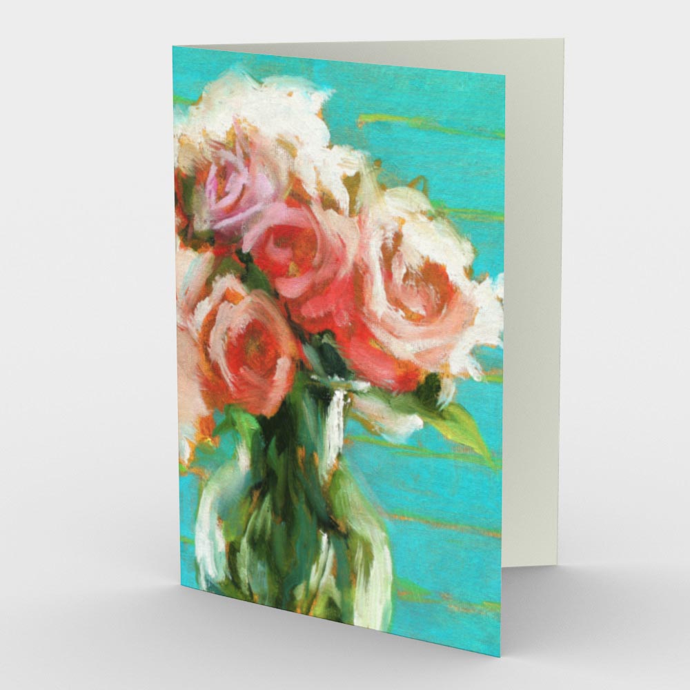 Peonies and Roses Greeting Card features a luscious floral bouquet of red, pink and coral flowers accented by intense green foliage. The modern turquoise and lime background reflects in a glass vase, 7" x 5".  Card front, blank inside.