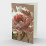  Petite Pivoine, Little Peony art card, features an exquisite bloom and charming buds that live inside an elegant and chocolaty environment.  Shot with a fiery red centre, rosy and dramatic neutrals describe the layers of this beautiful peony, offering a greeting only for the most sophisticated and discerning tastes. Card front, blank interior.