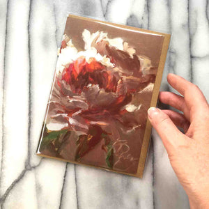 
                  
                    Load image into Gallery viewer, Petite Pivoine, Little Peony art card, features an exquisite bloom and charming buds that live inside an elegant and chocolaty environment.  Shot with a fiery red centre, rosy and dramatic neutrals describe the layers of this beautiful peony, offering a greeting only for the most sophisticated and discerning tastes.  Exquisite peony with buds against an elegant neutral ground.  Presented with a hand to show scale.
                  
                