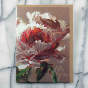 
                  
                    Load image into Gallery viewer, Petite Pivoine, Little Peony art card, features an exquisite bloom and charming buds that live inside an elegant and chocolaty environment.  Shot with a fiery red centre, rosy and dramatic neutrals describe the layers of this beautiful peony, offering a greeting only for the most sophisticated and discerning tastes.  Card front, 7&amp;quot;x5&amp;quot; featured with Kraft envelope inside a protective plastic sleeve. 
                  
                