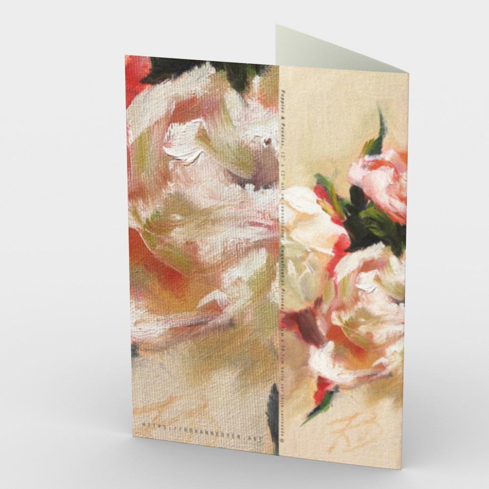 
                  
                    Charger l&amp;#39;image dans la galerie, Poppies and Peonies Greeting Card presents an elegant and dreamy floral bouquet of pastel pinks, coral, cream and yellow with leafy accents that rests against a light peach background.   7&amp;quot; x 5”, back view
                  
                
