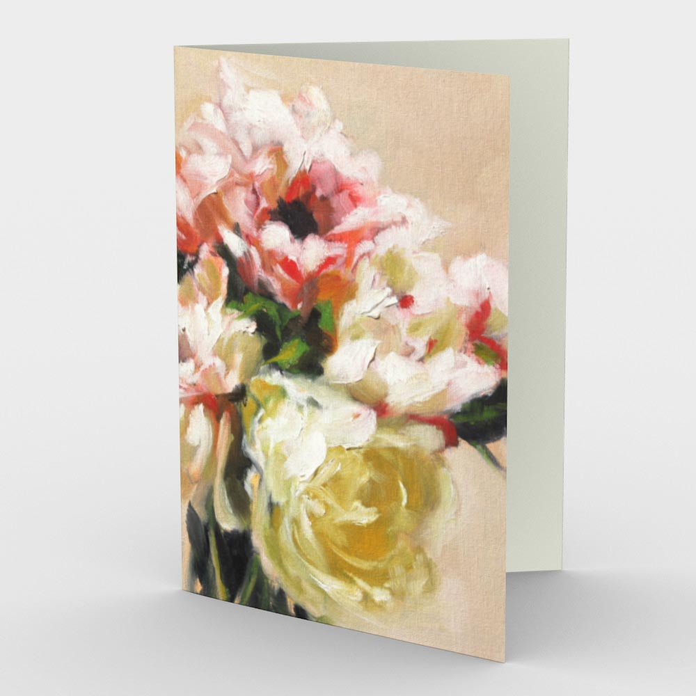 
                  
                    Load image into Gallery viewer, Poppies and Peonies Greeting Card presents an elegant and dreamy floral bouquet of pastel pinks, coral, cream and yellow with leafy accents that rests against a light peach background.   7&amp;quot; x 5”, front view, blank inside.
                  
                