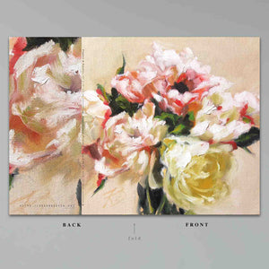 
                  
                    Charger l&amp;#39;image dans la galerie, Poppies and Peonies Greeting Card presents an elegant and dreamy floral bouquet of pastel pinks, coral, cream and yellow with leafy accents that rests against a light peach background.   7&amp;quot; x 5”, full back and front view against a grey ground.
                  
                