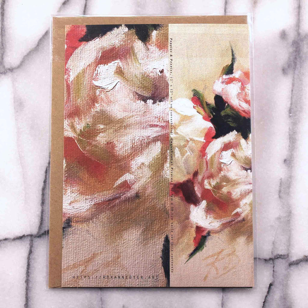 
                  
                    Load image into Gallery viewer, Poppies and Peonies Greeting Card presents an elegant and dreamy floral bouquet of pastel pinks, coral, cream and yellow with leafy accents that rests against a light peach background. 7&amp;quot; x 5&amp;quot;, back view presented with Kraft envelope inside protective plastic sleeve.
                  
                