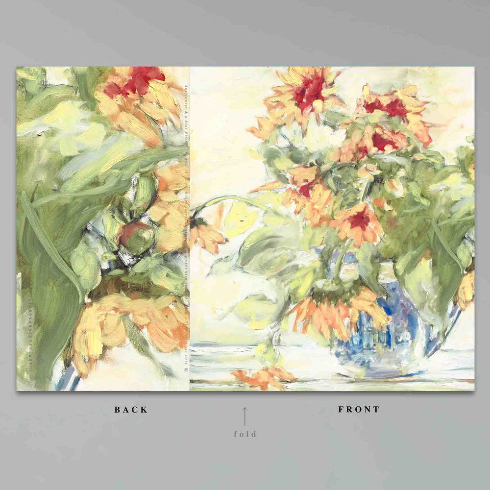 
                  
                    Load image into Gallery viewer, Sunflowers and Blue Pitcher Greeting Card is created by artist Roxanne Dyer. Sunflower bouquet sweeps wildly across this little card restrained only by the blue pitcher. 7” x 10” full back to front view card presented on a grey ground
                  
                