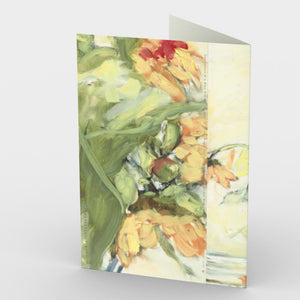 
                  
                    Load image into Gallery viewer, Sunflowers and Blue Pitcher Greeting Card is created by artist Roxanne Dyer. Sunflower bouquet sweeps wildly across this little card restrained only by the blue pitcher. 7” x 5” greeting card , back view.
                  
                