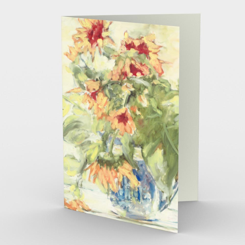 
                  
                    Load image into Gallery viewer, Sunflowers and Blue Pitcher Greeting Card is created by artist Roxanne Dyer. Sunflower bouquet sweeps wildly across this little card restrained only by the blue pitcher. 7” x 5” greeting card, front view., blank inside.
                  
                