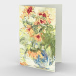Sunflowers and Blue Pitcher Greeting Card is created by artist Roxanne Dyer. Sunflower bouquet sweeps wildly across this little card restrained only by the blue pitcher. 7” x 5” greeting card, front view., blank inside.