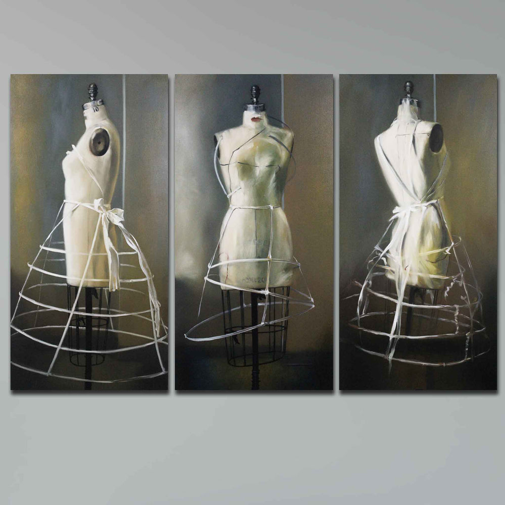 
                  
                    Load image into Gallery viewer, Original oil painting triptych of Mannequins, full view, 3 Graces Interpretation by Roxanne Dyer
                  
                