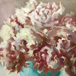 “Abstract Peony Bouquet″ painting by Roxanne Dyer, 24"x 24”, oil on canvas, very abstracted, elegant painting with lush peonies in unexpected plum and magenta pigments, neutral ground, a sophisticated perspective on a classic idea. For sale.
